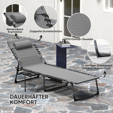 Шезлонг для відпочинку на сонце, розкладний садовий шезлонг з подушкою для голови, лежак з регульованою спинкою у 5 положеннях, до 120 кг