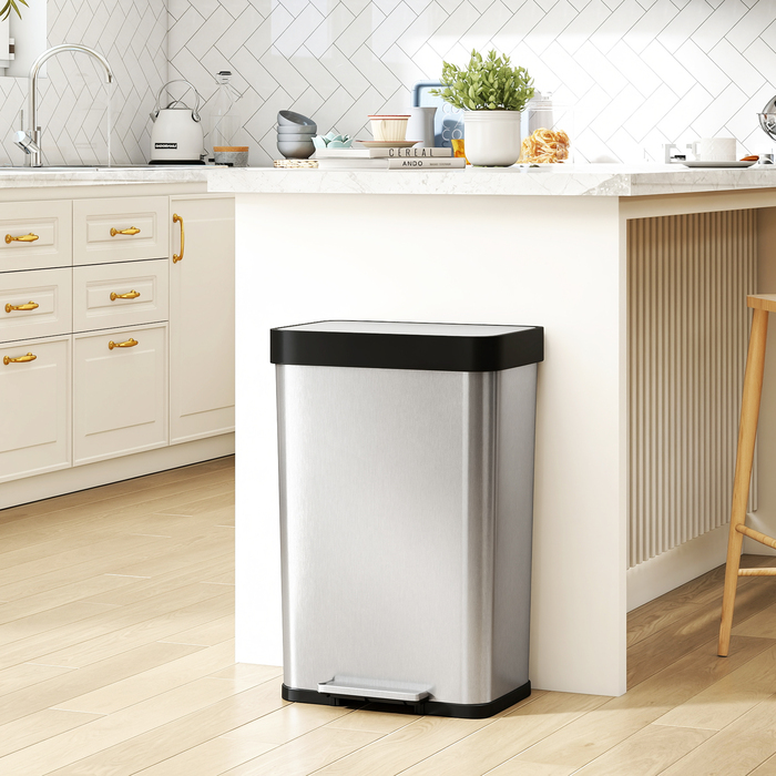 Відро для сміття 60 літрів з педальним механізмом, нержавіюча сталь, з м'яким закриванням кришки, сріблястого кольору