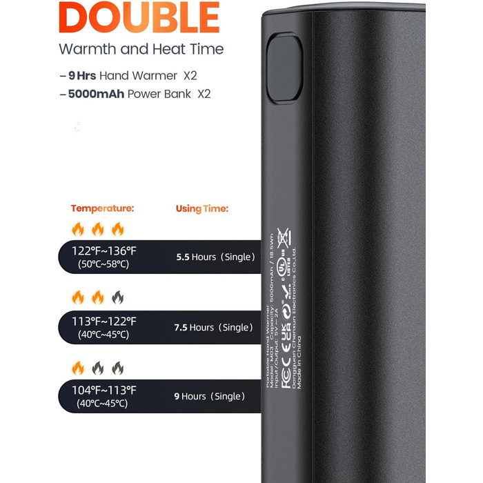 Електричний грілка для рук Warmco 2 шт., 10000mAh, USB Powerbank, 3 рівні нагріву, для чоловіків та жінок, Outdoor, Гольф, кемпінг, чорний