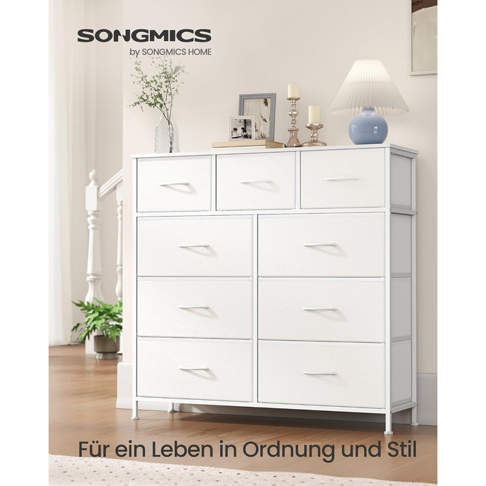 SONGMICS Комод з 9 висувних ящиків, шафа для зберігання, сталь, MDF, фліс, для спальні, прихожей, вітальні, білий (LGS323WH01)