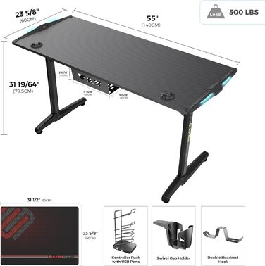 Ігровий стіл EUREKA ERGONOMIC з LED, 140x60 см. Стіл для геймерів з підсвіткою, органайзером для кабелів, тримачем для напоїв та навушників, чорний, X-Large