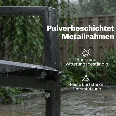 Садова лавка на двох з спинкою та підлокітниками, з двоярусним скляним столиком. Паркова лавка, витримує навантаження до 240 кг, розміри 135 x 67 x 81 см, сірого кольору.