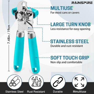 Відкривачка для консерв Rainspire, ручна, міцна, з плавним зрізом, з інтегрованим відкривачем пляшок, рожева (блакитна)