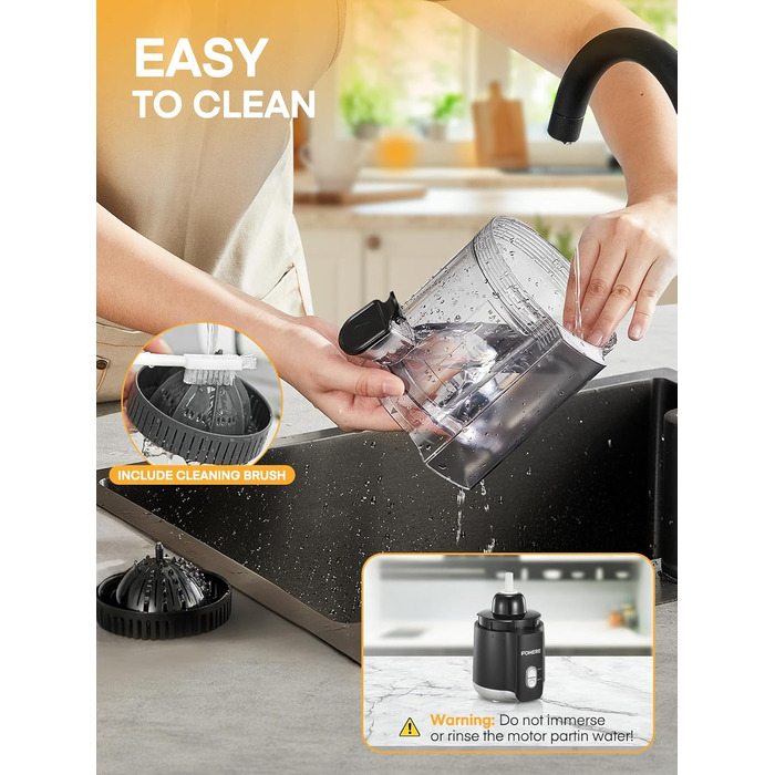 Електрична прес для цитрусових FOHERE, автоматична соковичавниця для апельсинів, грейпфрутів, лимонів, з потужним мотором 100W, без BPA, 2 конуси для різних фруктів, чорний