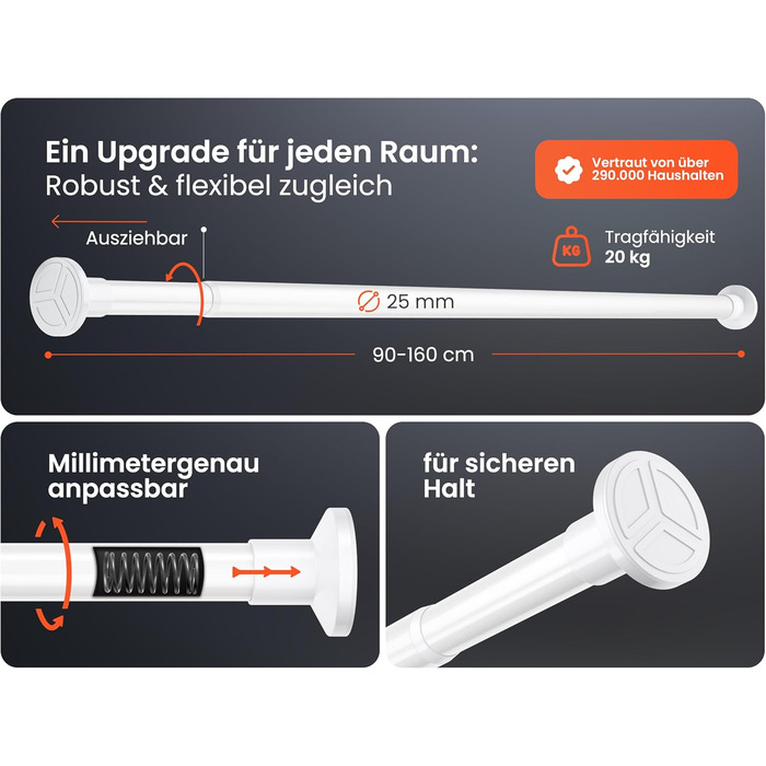 Телескопічна штанга для кріплення 260-310 см, Ø 25 мм, багатофункціональна штанга без свердління - для штор, душових завіс, ванної кімнати та балкону (90-160 см, біла)