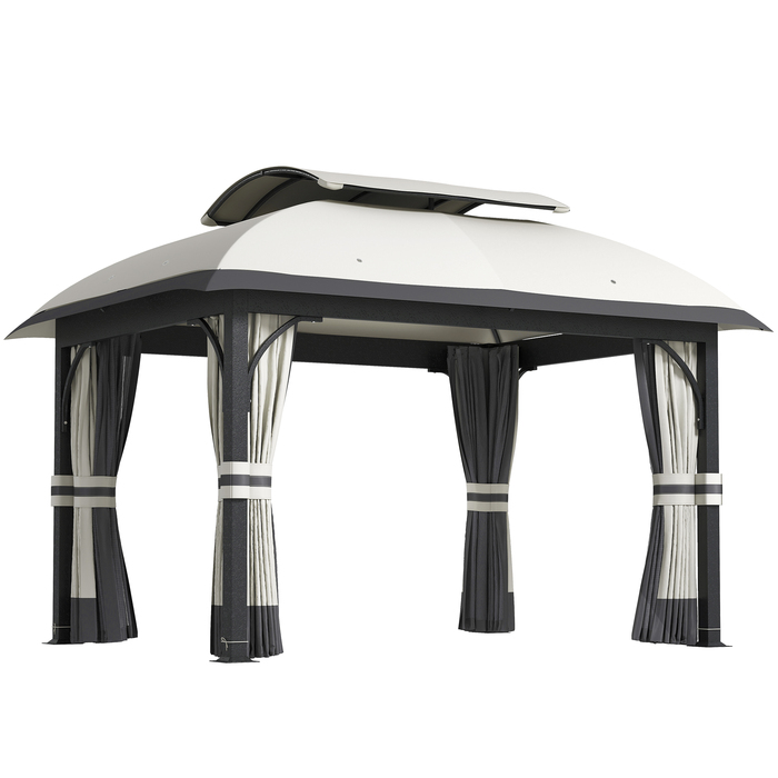 Газонний павільйон, 3,3 x 4 м, намет для саду з сітчастими шторами, двоярусна дах, обтяжка з екошкіри, металевий каркас, світло-сірий