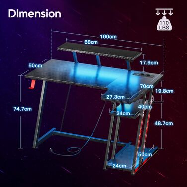 Ігровий стіл ODK L-подібна LED та розетки, кутовий стіл з підставкою для монітора, вуглецеве волокно чорний 100 см