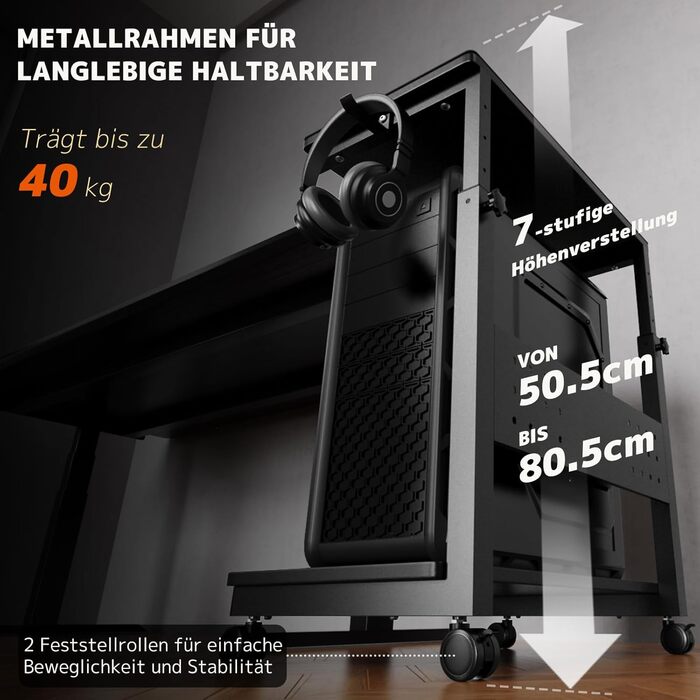 Підставка для ПК з регулюванням висоти PUTORSEN, 2 рівні, з роликами та підкладкою для миші, чорний Full-Tower (до 40 кг/рівень)