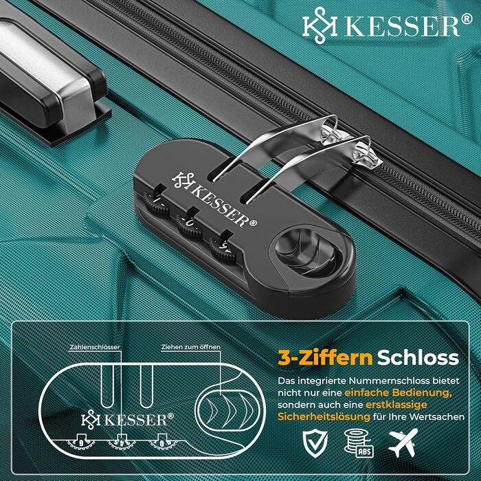 Набір валіз KESSER з 4 предметів, жорсткий корпус ABS, кодовий замок, ваги для багажу та дорожня сумка, колеса 360°, колір Petrol