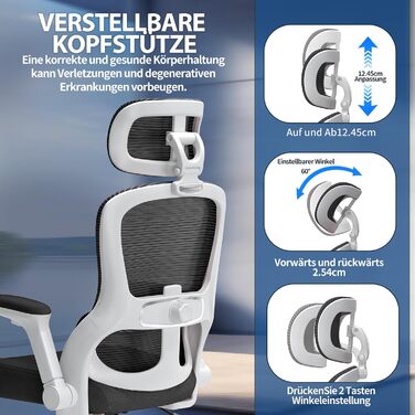 Офісне крісло TRALT Ergonomiczne - ігрове крісло з регульованою підголівником та підтримкою попереку, для дому та офісу, комп'ютерне крісло для великих людей, сітчасте крісло, 150 кг (білий, чорний)