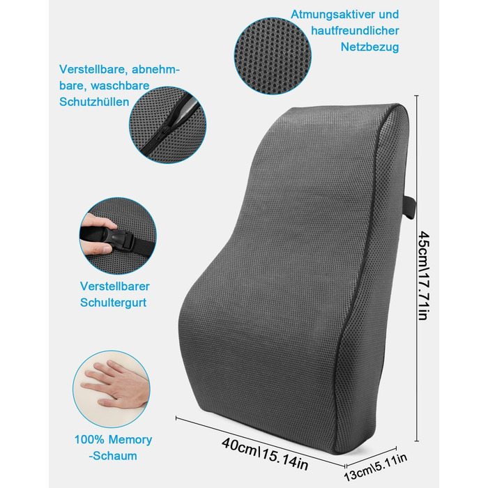 Подушка для спини FAOKZE з Memory Foam - ергономічна, для офісного крісла та дивана, антистатична (сіра)