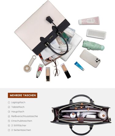 Сумка для ноутбука LOVEVOOK 15.6 дюймів, велика робоча сумка, водонепроникна сумка з PU шкіри, сумка-шоппер, акцентна сумка, сумка для навчання, сумка через плече для бізнесу, роботи, університету, школи (Бежево-чорна, M)