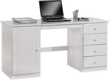 Комп'ютерний стіл Стіл для ПК, масив сосни в білому лакованому кольорі з чотирма висувними ящиками