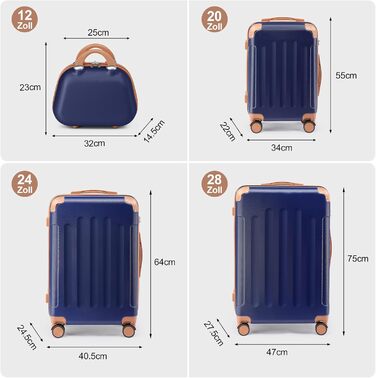 Набір валіз LALAHO 4 шт. з косметичками, з ABS-пластику, для подорожей, ручна поклажа, з захисними кутками (темно-синій, в смужку)