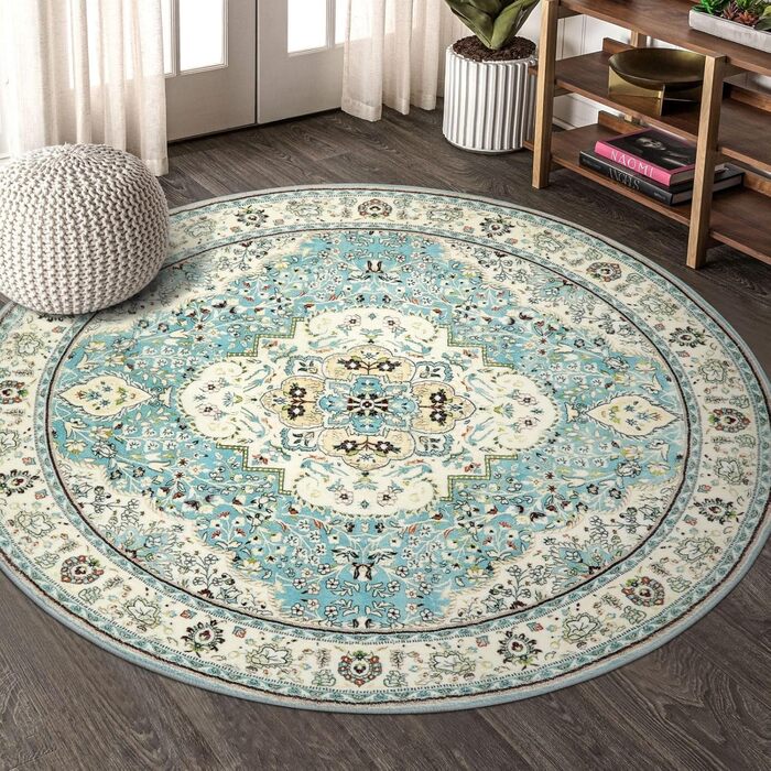 Круглий вінтажний килим Boho Mandala Nyescasa, нековзний короткий ворс, який можна прати, бежевий/бірюзовий, 120 см