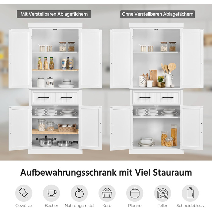 Шафа для зберігання Yaheetech 183,5 см, кухонна шафа з регульованими полицями та 2 шухлядами, багатоцільова шафа для дому, буфет для їдальні, велика, біла