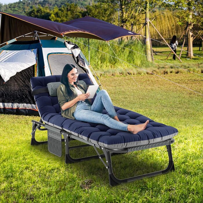 Складаний лежак для саду, 200 кг, з матрацом та підголівником, для балкону, саду, кемпінгу, блакитний