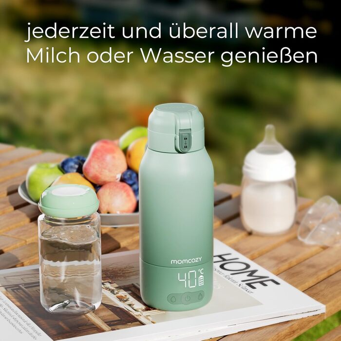Momcozy MW05 портативний підігрівач для пляшечок, 500 мл, акумулятор 24 години, 2 режими нагріву для дитячого харчування та води, швидкий нагрів за 3 хв, зелений
