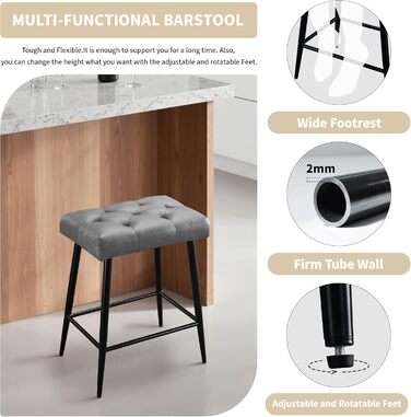 Набір з 2 барних стільців з мікрофібри, сірого кольору, з підніжкою, 62.5 см, без спинки для кухні, бістро, їдальні