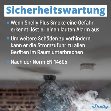 Датчик диму Shelly Plus Smoke - бездротовий, з фотоелектричним сенсором, EN 14604, 5 років роботи від батареї, LED-індикація, сумісність з Alexa та Google Assistant, без хабу