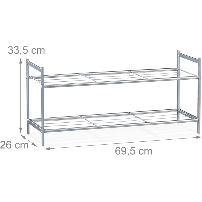 Полиця для взуття Relaxdays SANDRA, 2 рівні, для 6 пар взуття, металева, полиця для взуття, HWD приблизно 33,5 x 69,5 x 26 см, металева полиця 2 полиці (срібло)