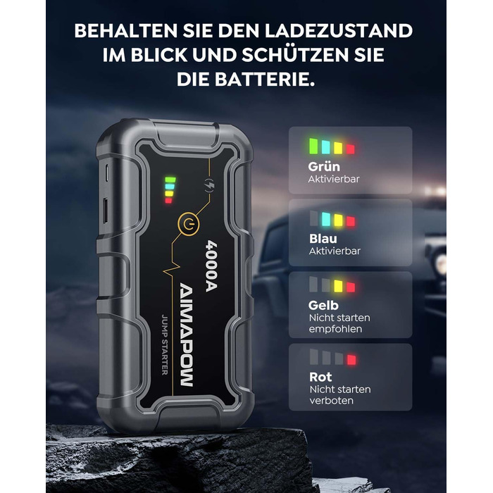 Powerbank Starthilfe AIMAPOW для автомобіля з компресором 160PSI, 27000mAh, 4000A, для бензинових та дизельних двигунів (до 12.0L), LED-ліхтар 600 LUM