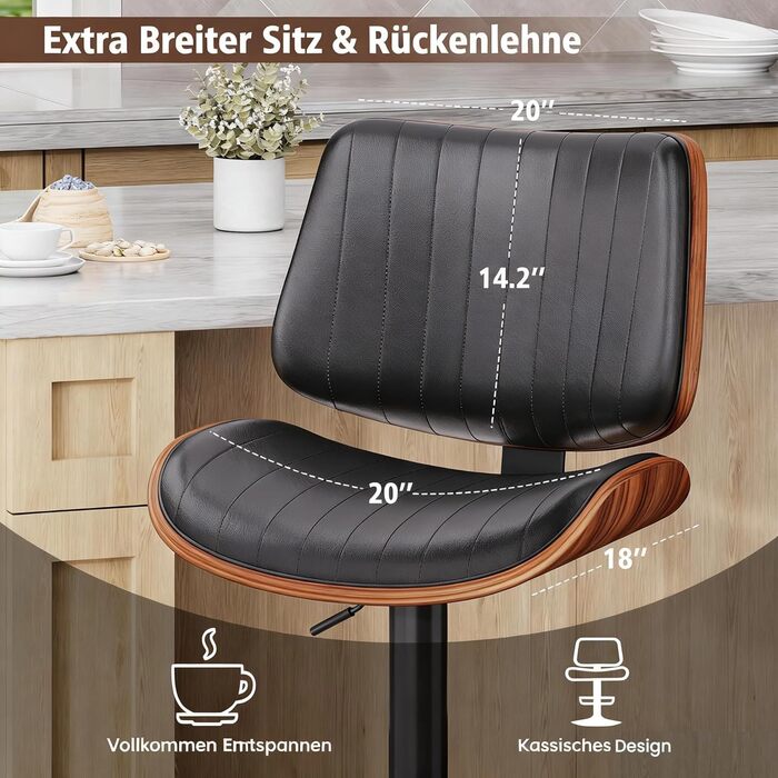 Набір з 2 барних стільців GIKPAL з дерев'яною спинкою та шкіряним сидінням, обертаються, чорний