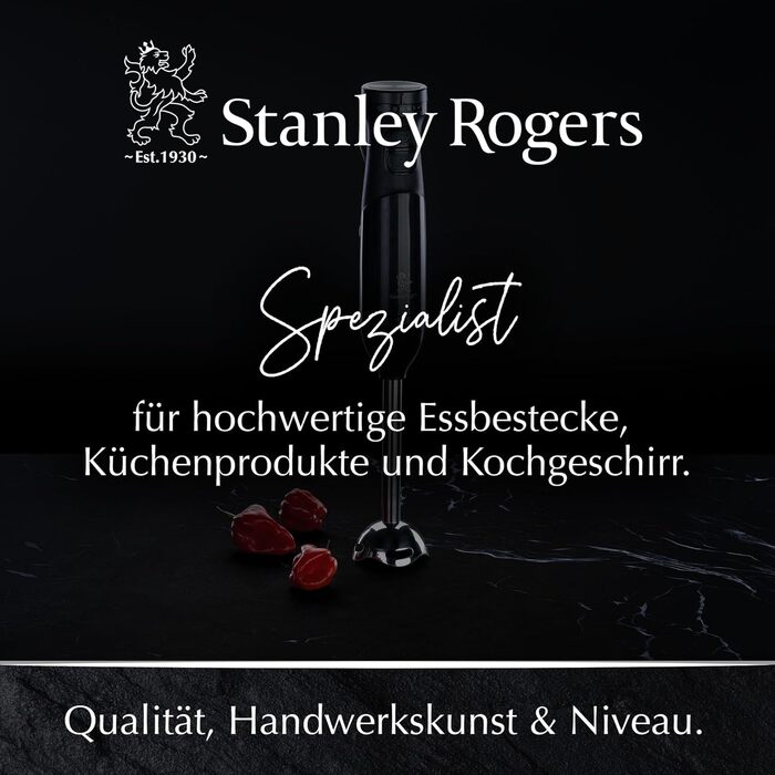 Сталевий блендер Stanley Rogers 500W з 1L скляною колбою, 4-лопатева система + насадка для змішування, 2 швидкості (занурювальний блендер)