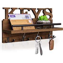 Тримач для ключів для стіни з домашнім декором, настінна полиця з дерева для органайзера для ключів з 7 гачками для ключів, настінний органайзер в сільському стилі SWTYMIKI з полицею, коричневий (коричневі Ключі)