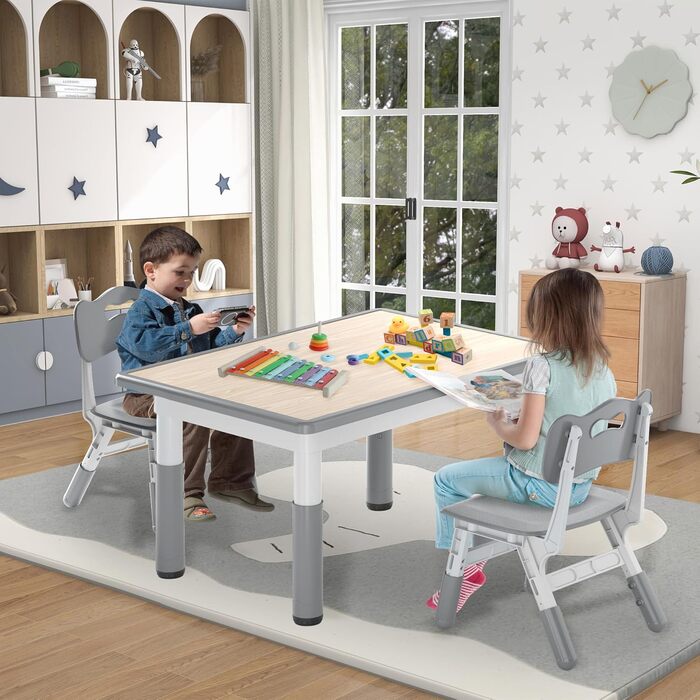 Дитячий стіл зі стільцями, регульована висота, 3 частини, пластиковий стіл-парта для дитячої кімнати, 80x60 см