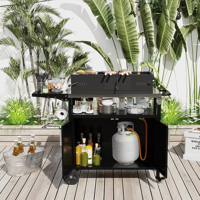 Grillwagen COSTWAY Outdoor: гриль-стіл з нержавіючою сталлю, відкидним бічним столиком, шафкою, 6 гачками та ручкою, до 100 кг, металевий столик для кемпінгу, пікніків, вечірок на відкритому повітрі, 127 x 50 x 84 см