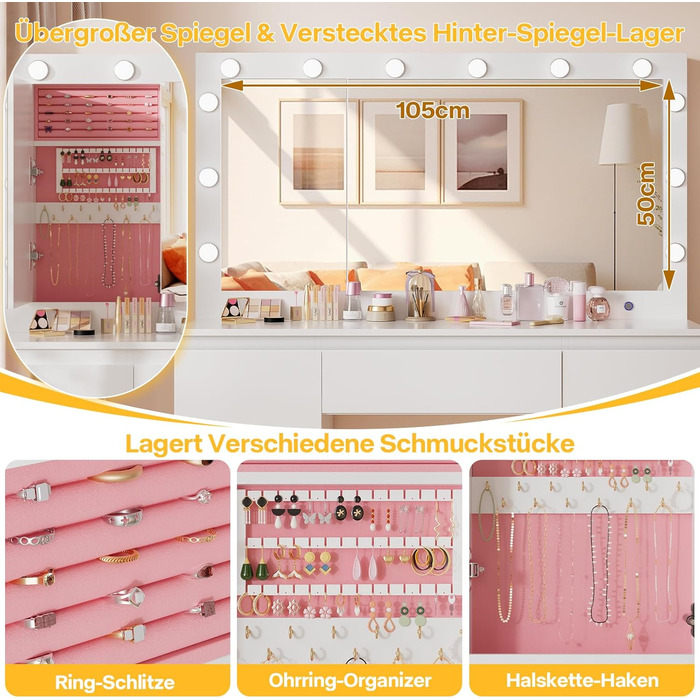 Дзеркальний туалетний столик Airfish з LED-підсвіткою та великим дзеркалом, 120x40x140 см. Туалетний столик з шухлядами та косметичним ящиком для спальні, білий