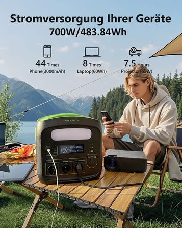 Портативна електростанція NECESPOW N7576 700W (пікова 1400W) 483.84Wh з 3 розетками AC, LiFePO4 акумулятор, чиста синусоїда, USB-C PD100W, сонячний генератор для кемпінгу, дому, CPAP