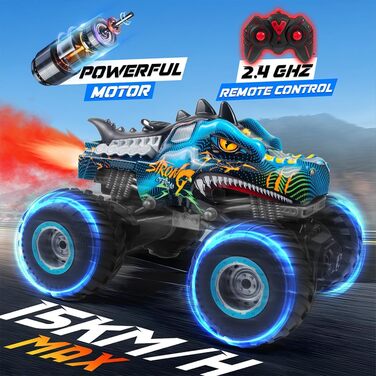 Радіокерований позашляховик Динозавр 1:16 RC Monster Truck з розпилювачем, музикою, LED-підсвіткою, 2.4GHz, 20км/год для дітей від 3 років