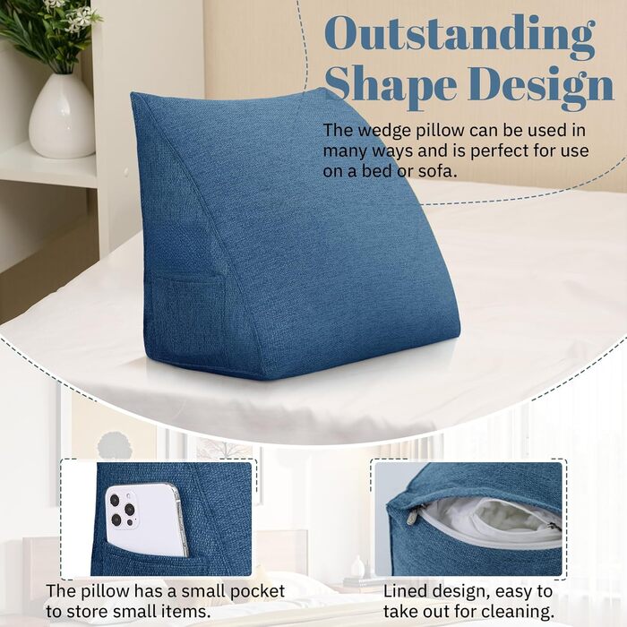 Підкова для читання Bettkeil, регульоване подушкове гніздо, трикутна подушка, подушка-підкова, подушка для попереку, шиї, спини з знімним льняним чохлом (жовтий (синій, 45см))