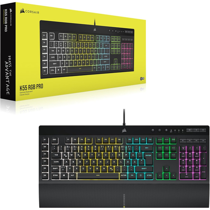 Клавіатура Corsair K55 RGB PRO, провідна, мембранна, QWERTZ DE, чорна, IP42, 6 макро-клавіші, сумісна з iCUE, для PC, Mac, Xbox