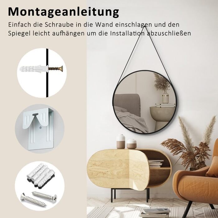 Круглий дзеркало Boromal Schwarz діаметром 40 см з реміннем, велике кругле дзеркало для ванної кімнати, спальні, вітальні, передпокою, з підвішуванням на стіну, з шкіряним реміннем