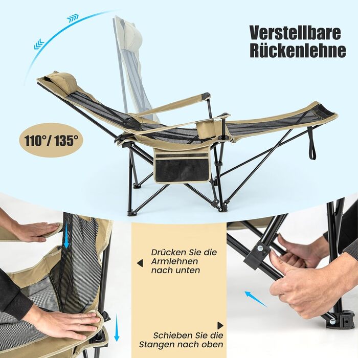 Кемпінгове крісло COSTWAY зі знімною підставкою для ніг, складне рибальське крісло з регульованою спинкою, підголівник, підстаканник і бічна сумка, розкладне крісло, розкладне крісло для кемпінгу, риболовлі (хакі)