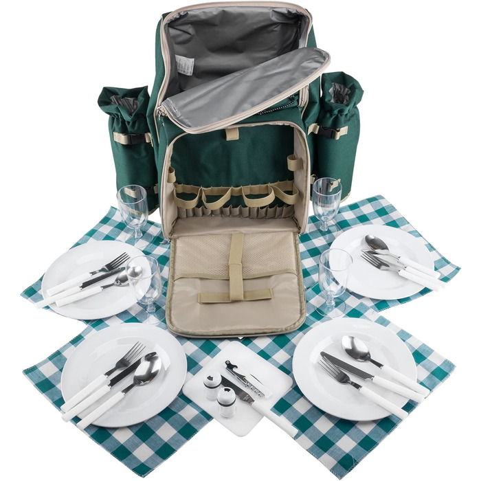 Рюкзак для пікніка Andora на 4 особи з інтегрованою сумкою-холодильником, зелений, з аксесуарами (29 шт)