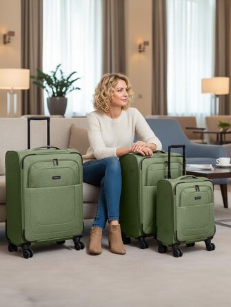 Набір валіз REDOLZ 3 шт. для жінок та чоловіків | Легкі та стійкі дорожні валізи з високоякісним softcase, 4 подвійні колеса, TSA-замок, розширювані (Essentials 12) Оливковий колір