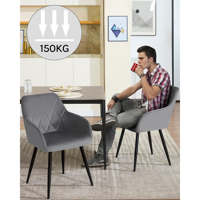 Набір обідніх стільців WOLTU з підлокітниками та спинкою, для кухні, вітальні, їдальні, м'який оксамитовий чохол, металеві ніжки, темно-сірий, 8 шт.