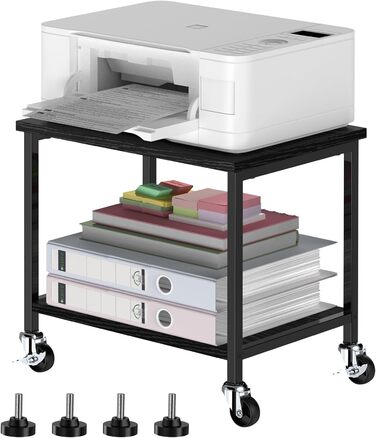 Двоярусний стіл для принтера з роликами, 30x42x37 см, дерев'яний та металевий, мобільний, для офісу та вітальні, чорний