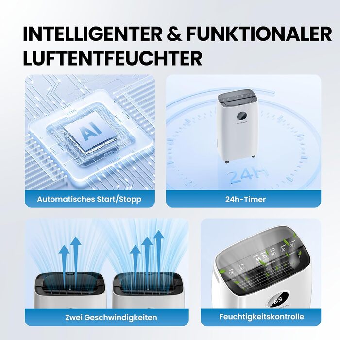 Електричний осушувач повітря 15L, 30㎡, для підвалу, з тачем, 2.5L бак, дренажний шланг, 46dB, таймер 24h, гарантія 3 роки