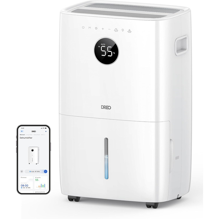 Dreo Розумний осушувач повітря /24h, для приміщень 37 м² – енергоефективний та тихий – керування через App & Alexa – 3 режими, таймер, регульована вологість, з відводом води, для спальні та ванної кімнати, білий (52L)