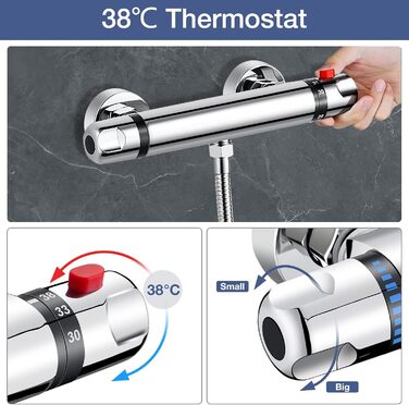 Змішувач для ванни з термостатом, накладний, хром, латунь, з кнопкою безпеки 38°C, для ванни, душ, термостат, водопровідний кран