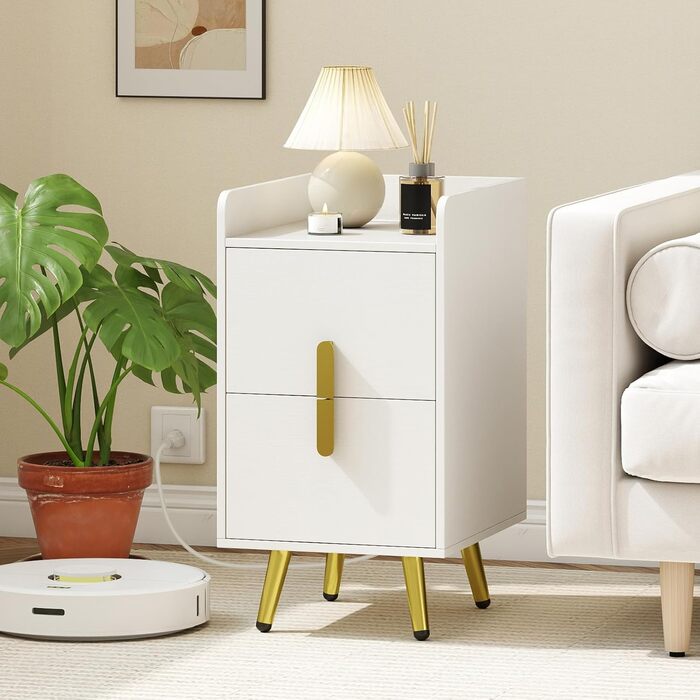 Нічний столик COSTWAY з зарядкою, вузький приліжний столик з 2 шухлядами, металеві ніжки, для спальні, вітальні, 32x40x60 см (Білий)