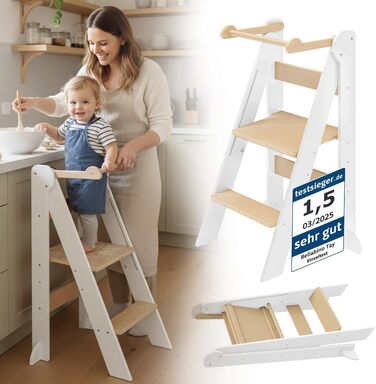 Лернтурм Bellabino Tay – навчальний столик для дітей від 1 року, регульована висота, білий, Монтессорі, з захистом від перекидання, з натурального дерева