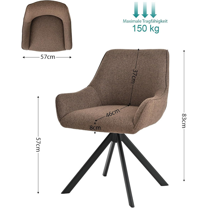 Обідні крісла поворотні 6 шт. з підлокітниками – 360° обертання, м'яке крісло з льону, сучасний поворотний стіл для кухні з металевим каркасом та спинкою для їдальні, вітальні, офісу, коричневий. 6 шт.