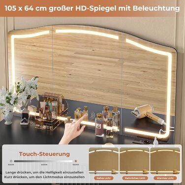 Великий туалетний столик AOGLLATI з великим дзеркалом та регульованою LED-підсвіткою. Косметичний столик з розетками, 3 висувними ящиками та 2 шафками. Сучасний туалетний столик для спальні (білий/чорний)