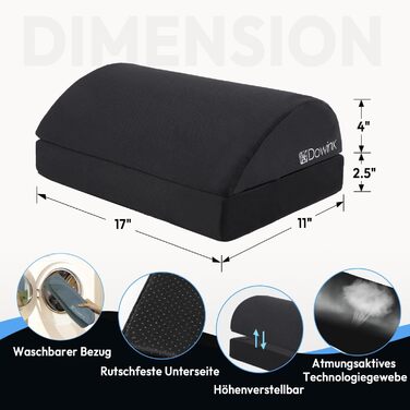Підставка для ніг під стіл Dowinx, регульована по висоті, знімний чохол, зручна підставка для офісу, авто, дому (2 рівня, тверда, чорна)